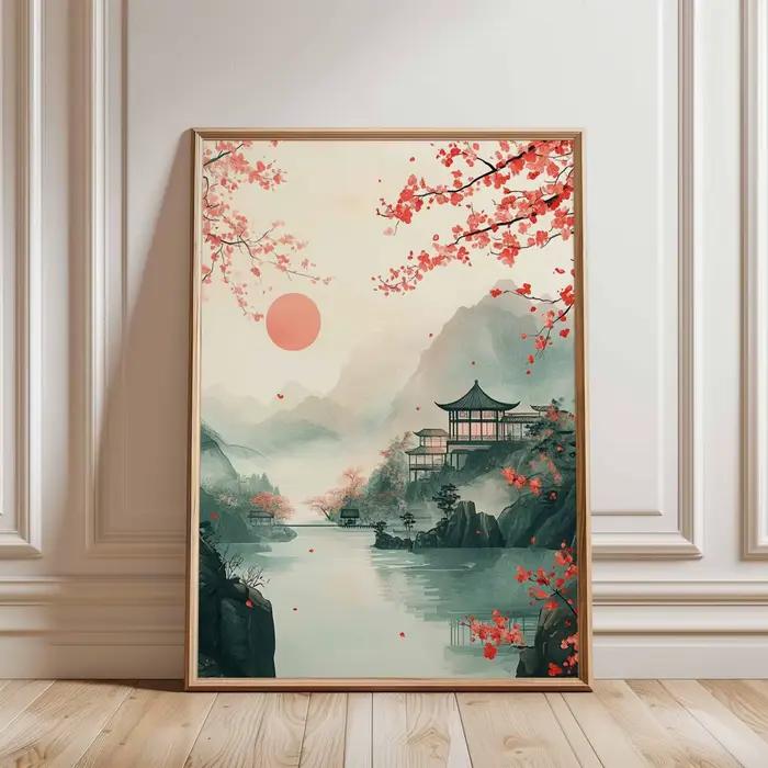 Affiche imprimée sur toile avec motif de fleurs de cerisier japonaises