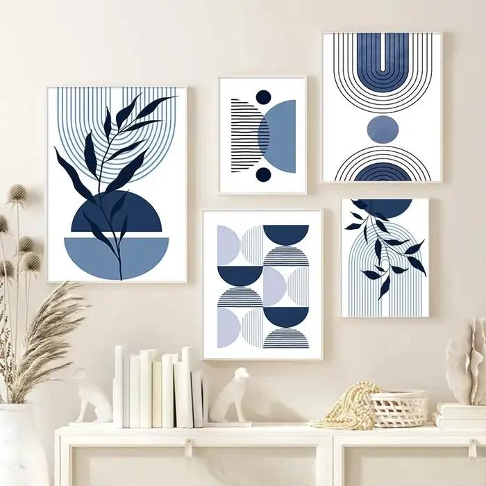 Boho bleu abstrait moderne mur Art impression soleil géométrique ligne feuille toile peinture nordique affiches décor photos pour salon