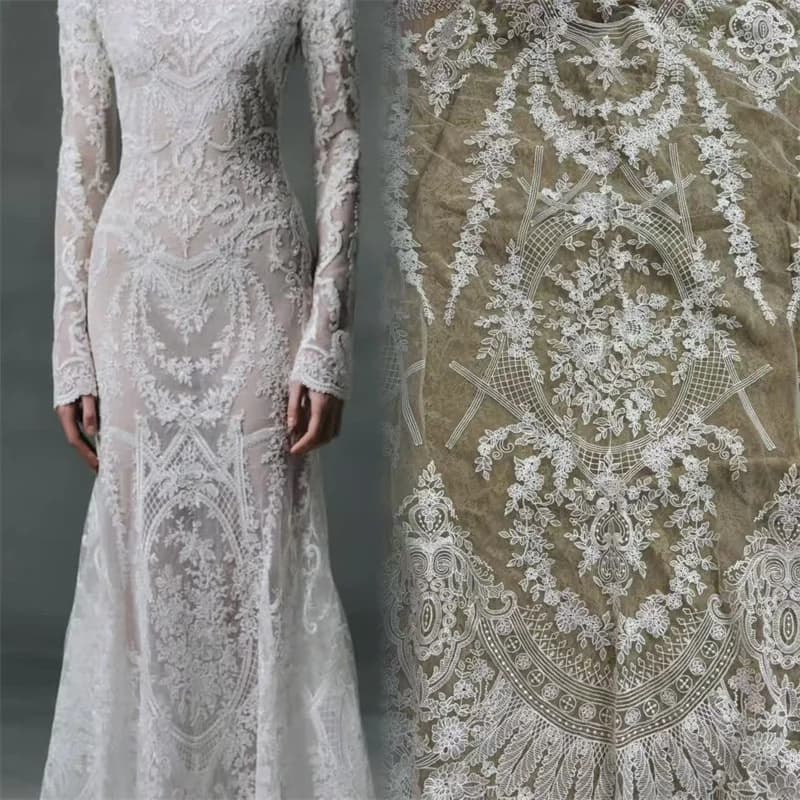Tissu de dentelle de mariée unique blanc cassé en maille brodée florale de haute qualité, accessoire