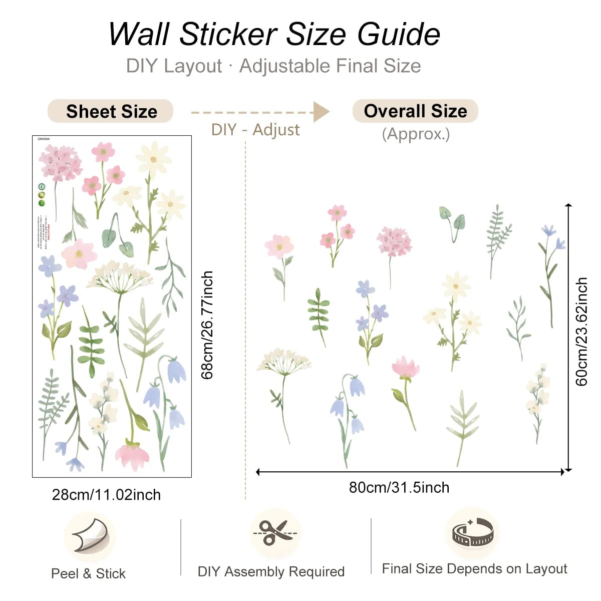 Autocollants muraux en pastel aux motifs de fleurs sauvages pour la chambre d'enfant, autocollants m