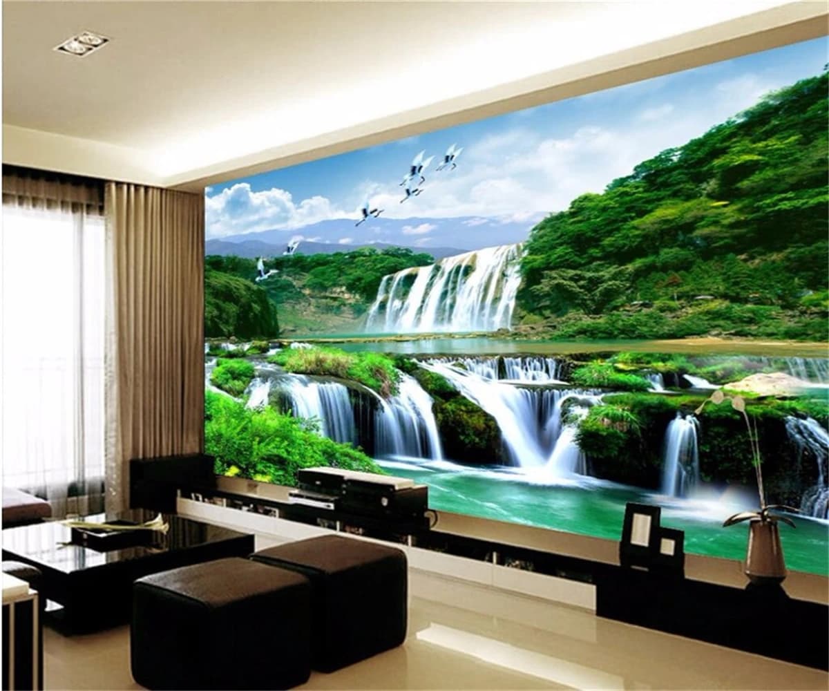 Papier peint mural 3D auto-adhésif personnalisé, cascade, paysage naturel, forêt, eau courante, déco