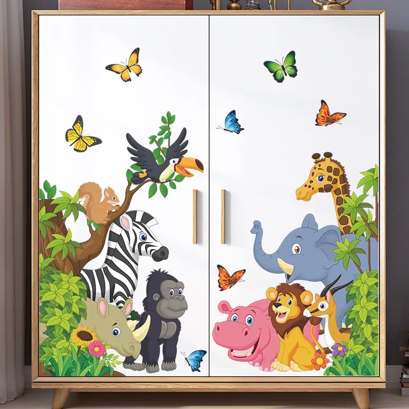 Autocollant mural de fête avec animaux de la forêt, dessin animé, pour chambre d'enfant, décoration