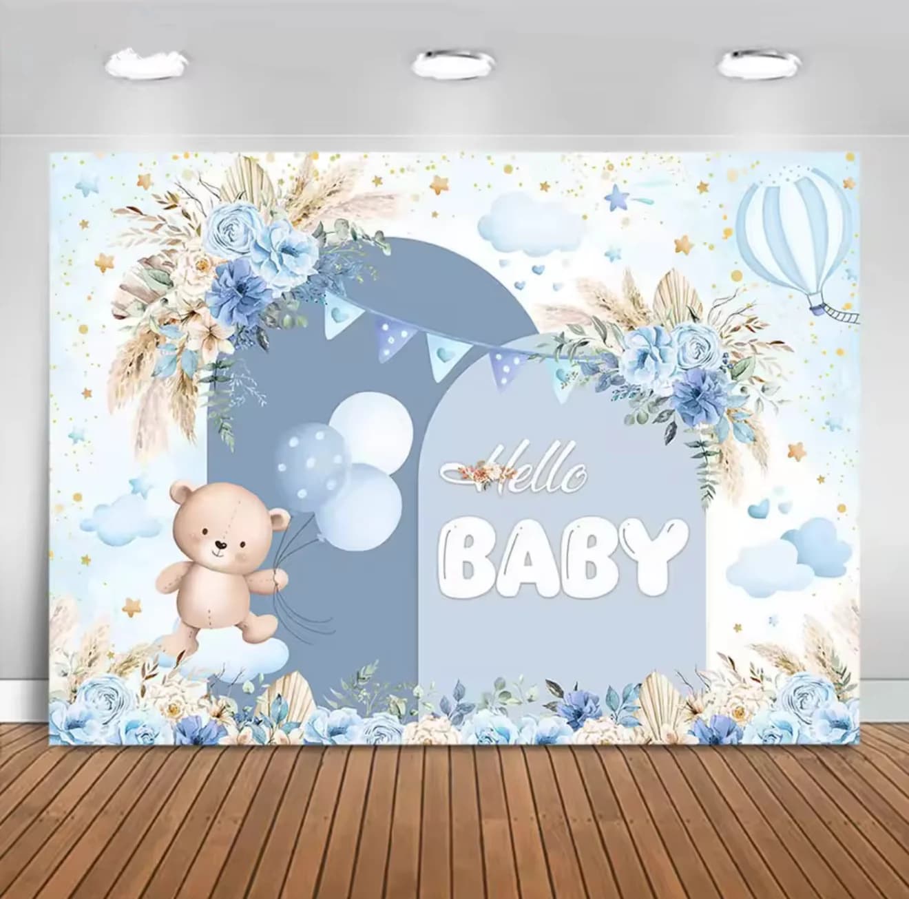 Toile de fond bohème pour fête prénatale, ours, fleur bleue, herbe de Pampas, bonjour, décor de fête