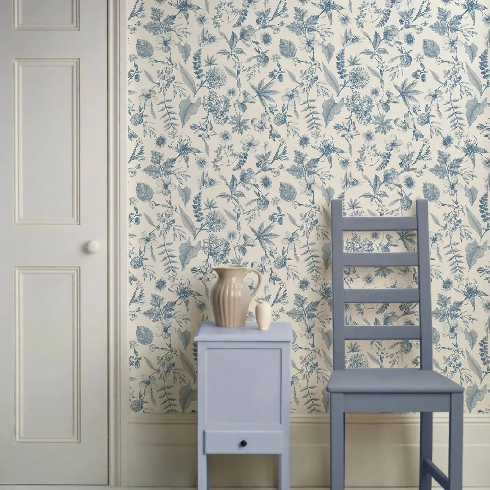 Papier peint fantaisiste Toile Farmhouse, papier peint à décoller et à coller bleu et blanc pour la