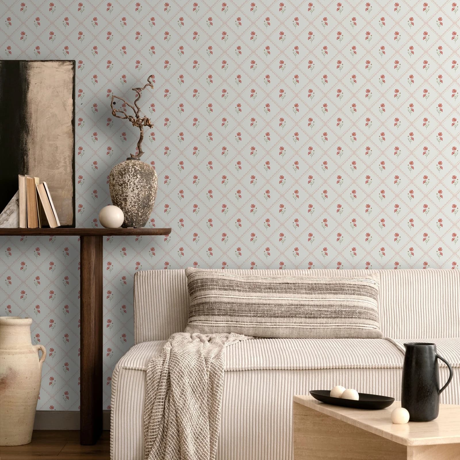 Papier peint à fleurs roses avec treillis de diamant, décoration florale vintage pour chambre d'enfa