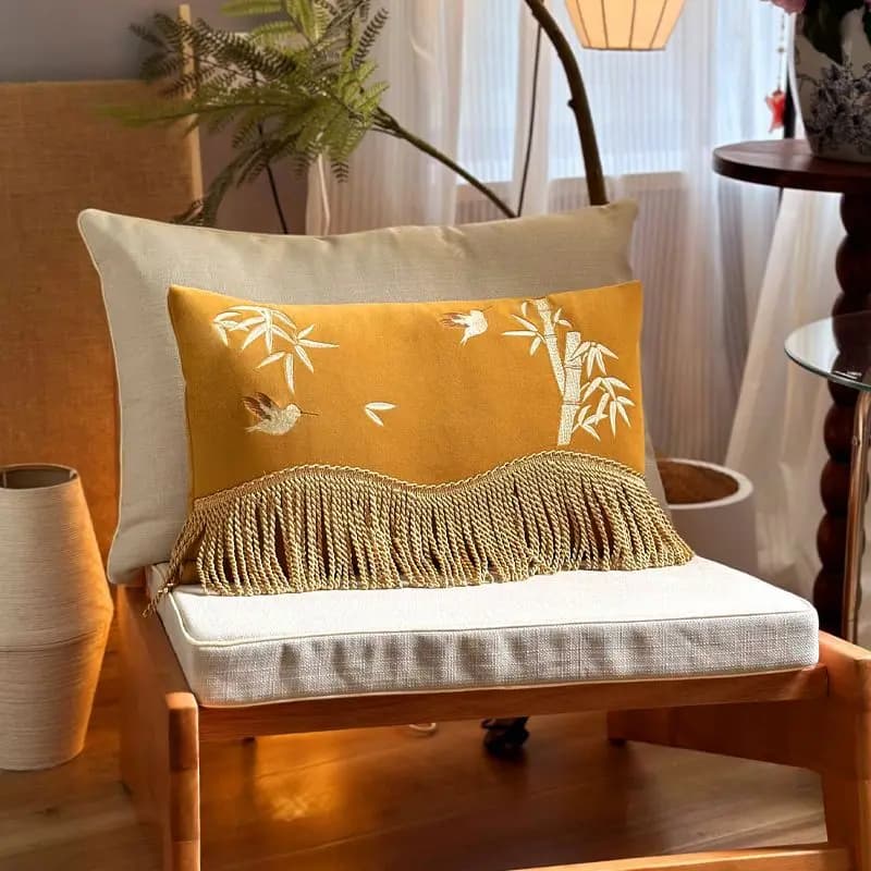 Housse de coussin brodée d'oiseau en bambou bleu, esthétique orientale, chaise d'appoint de luxe, ca