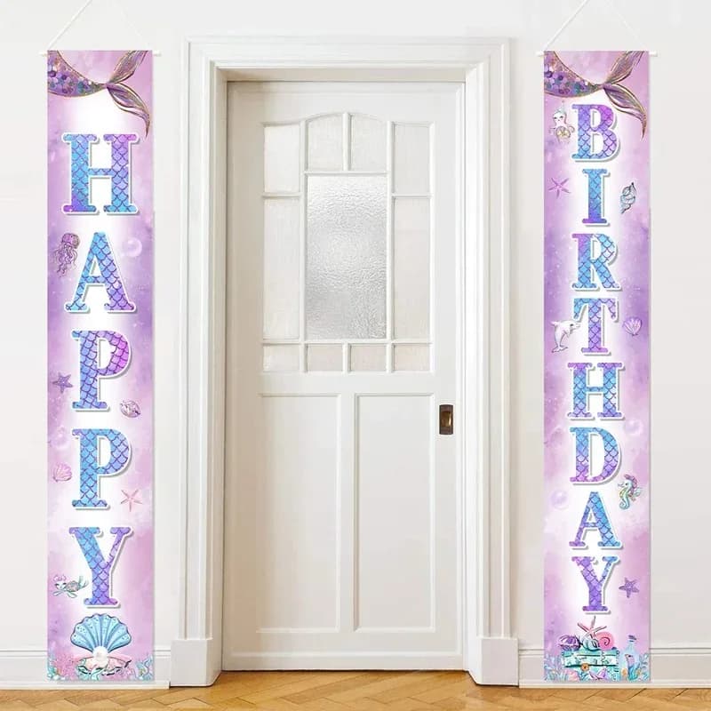 Bannière de porte Joyeux Anniversaire Thème Sirène, Décoration de Fête Petite Sirène pour Fille, Fou