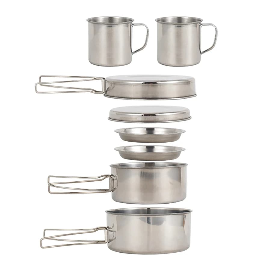 CAOX Ensemble de 8 ustensiles de cuisine de camping en acier inoxydable avec casseroles, poêles, ass