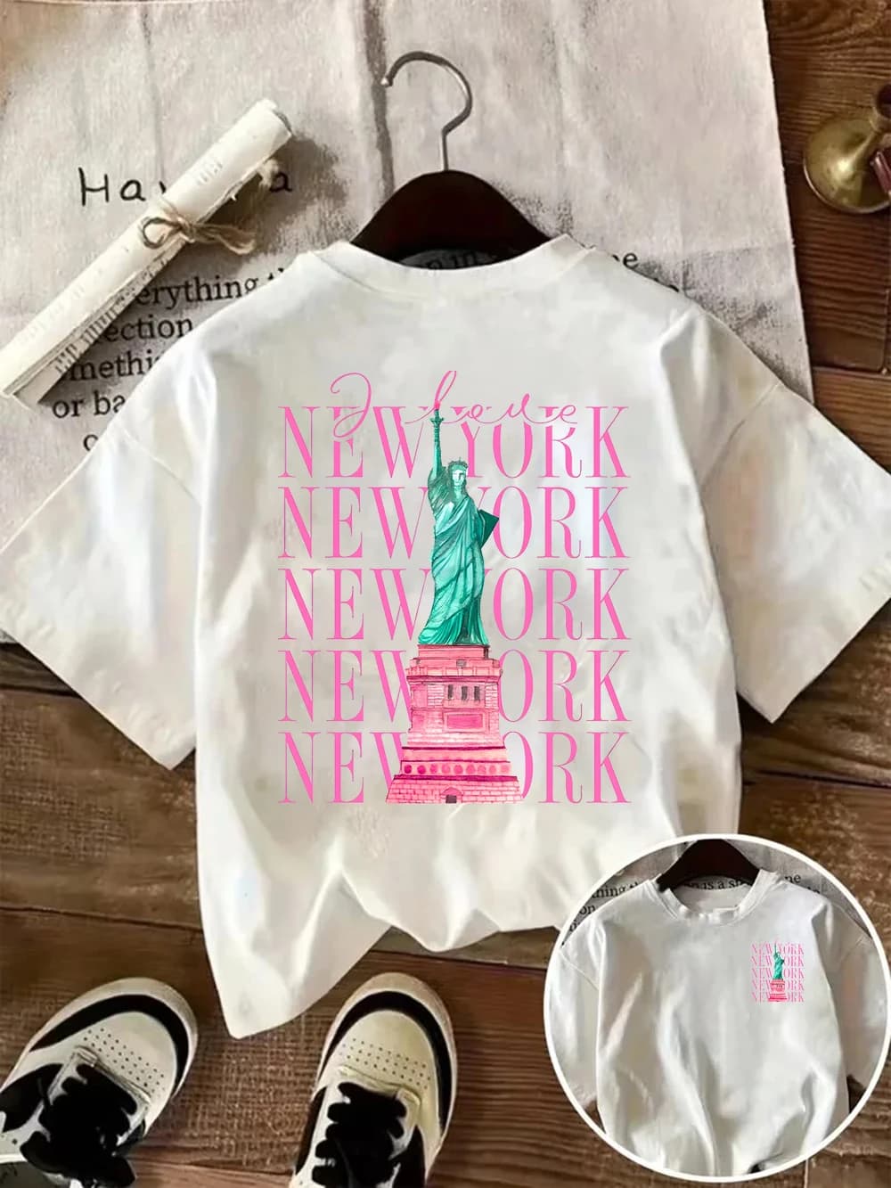 T-shirt graphique Statue de la Liberté de New York, style vintage, souvenir de la ville, haut décont