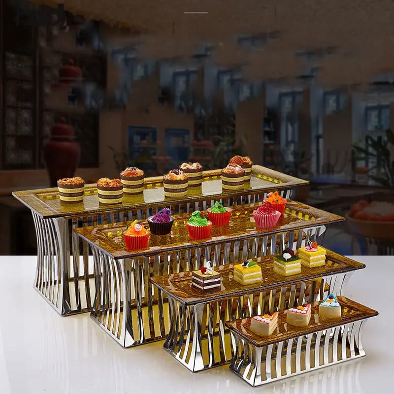 Présentoir surélevé plateau à dessert moderne support rectangulaire doré support de buffet d'escalie
