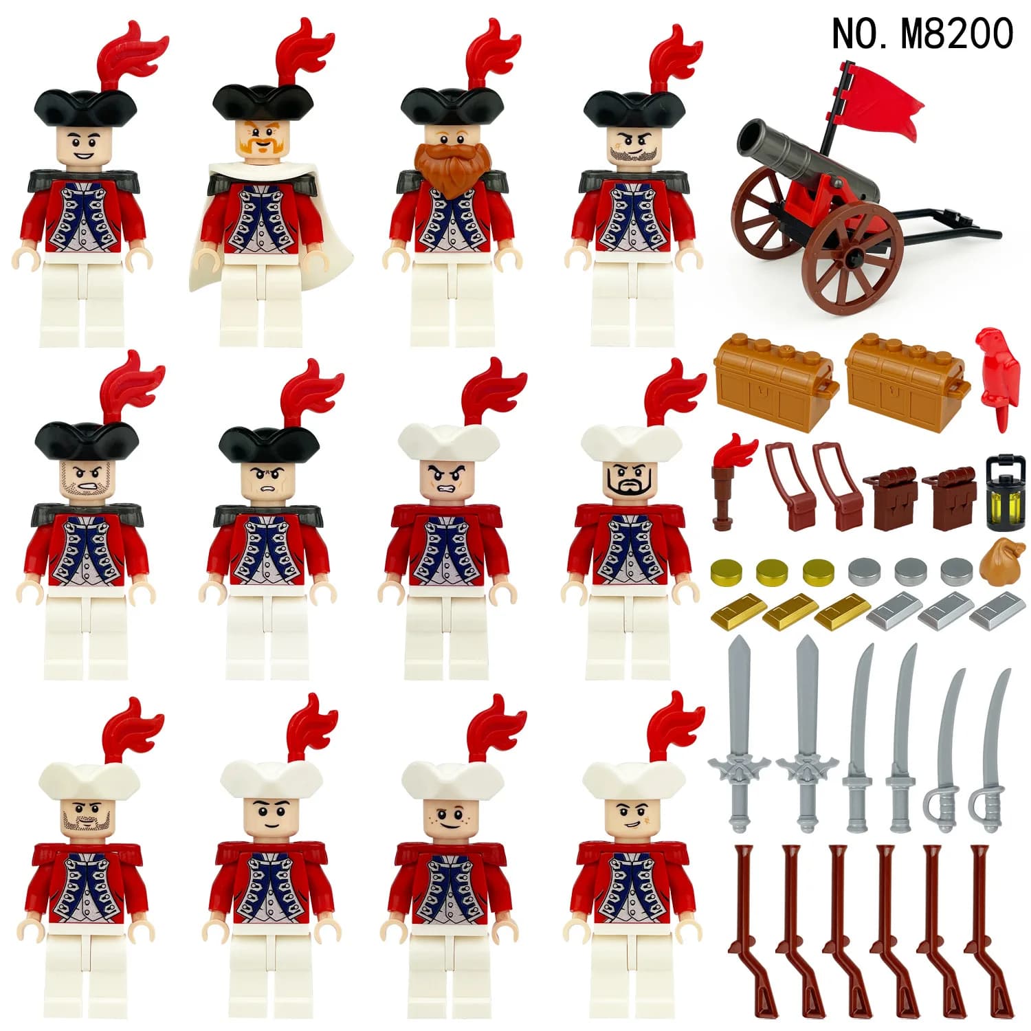 Gardes royaux, soldats de la marine, officiers, pirates, coffres au trésor, canons, poupées, blocs d