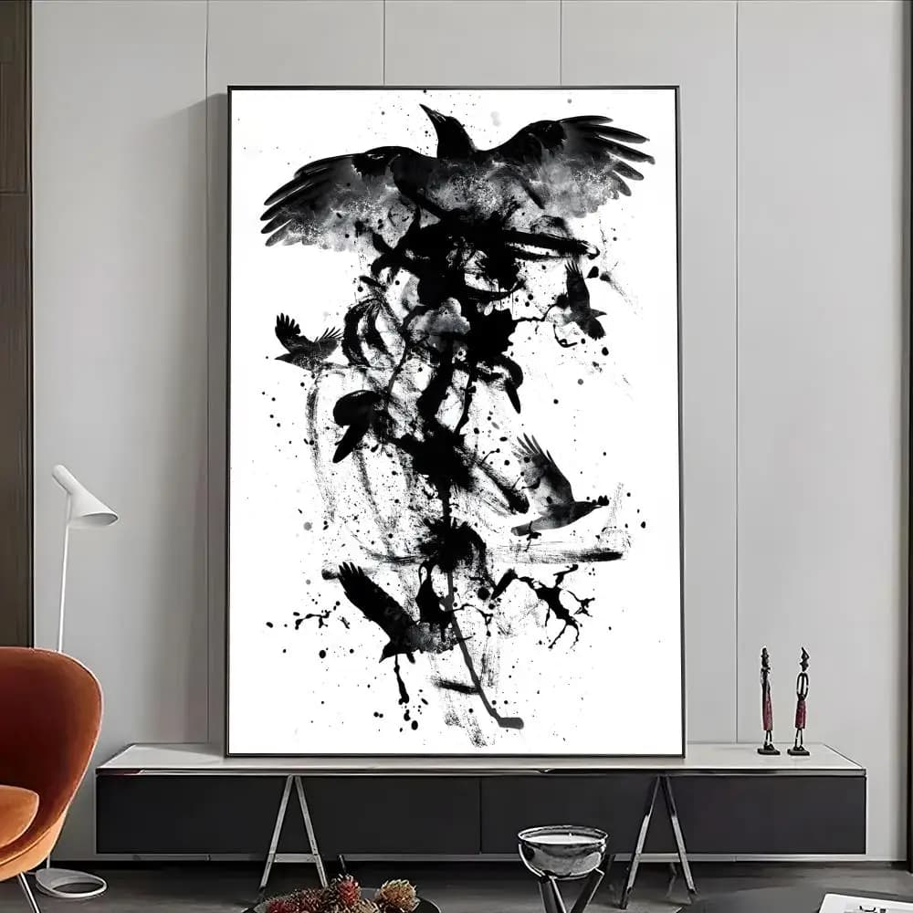 Affiche minimaliste en noir et blanc avec motif d'arbre et de corbeau, affiches haute définition, ar