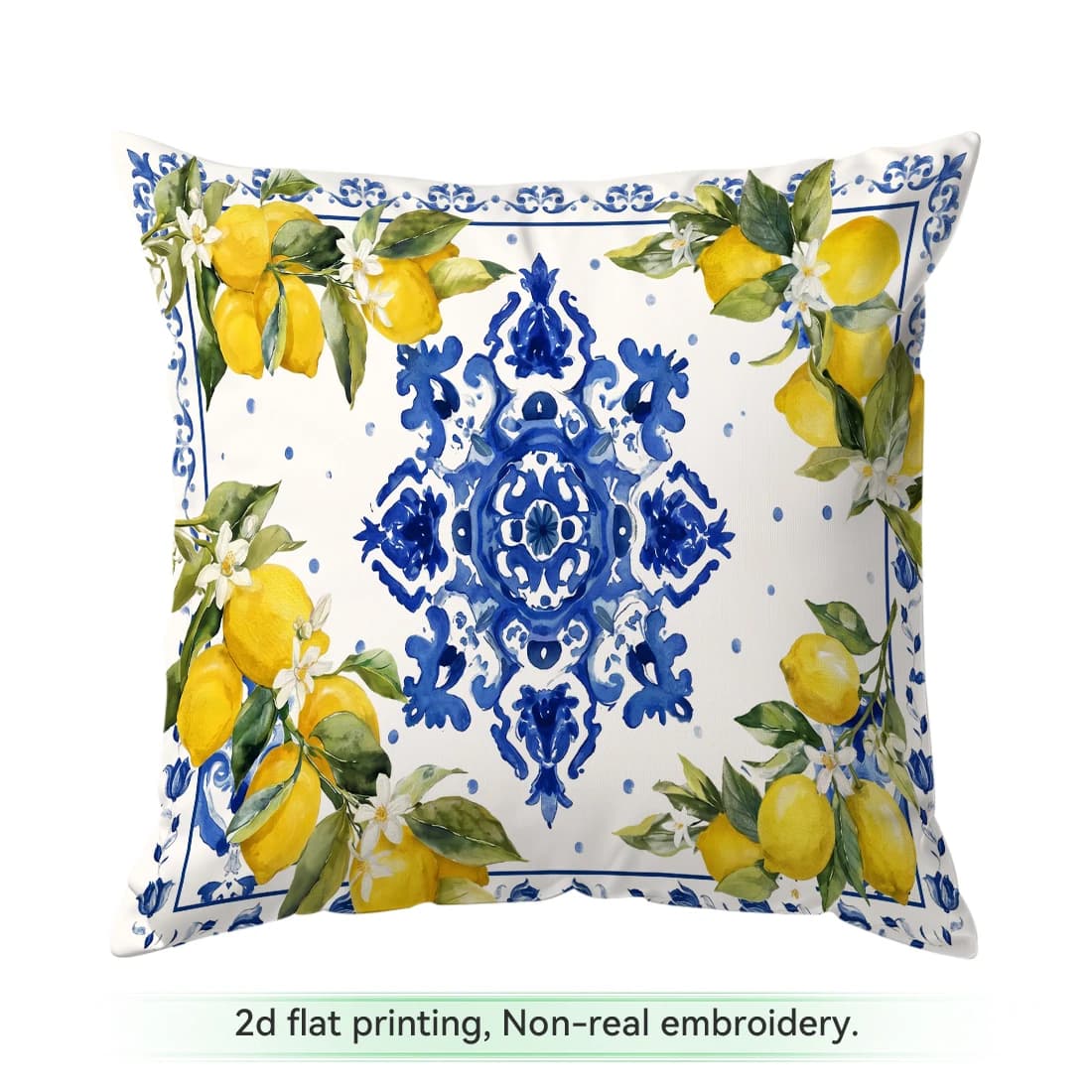 Housse de coussin imprimée sur un seul côté, série citron bleu et blanc méditerranéen, pour la décor