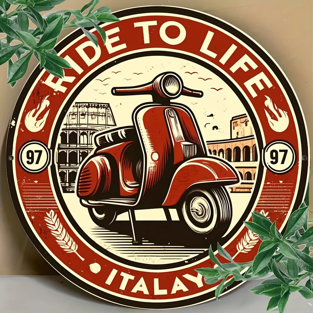 Pancarte en métal 2D vintage « Ride To Life » Scooter italien – Décoration murale rétro sur le thème