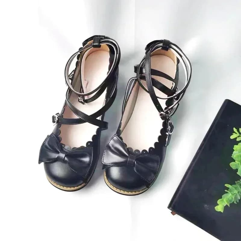 Chaussures Lolita pour femmes, chaussures plates basses rondes avec bretelles croisées, nœud mignon