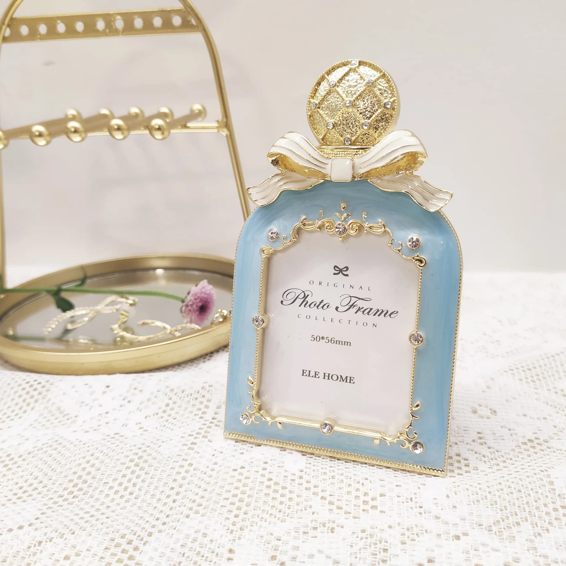 Cadre photo métallique rond de 2 pouces en forme de flacon de parfum diamanté, rose et bleu, créatif