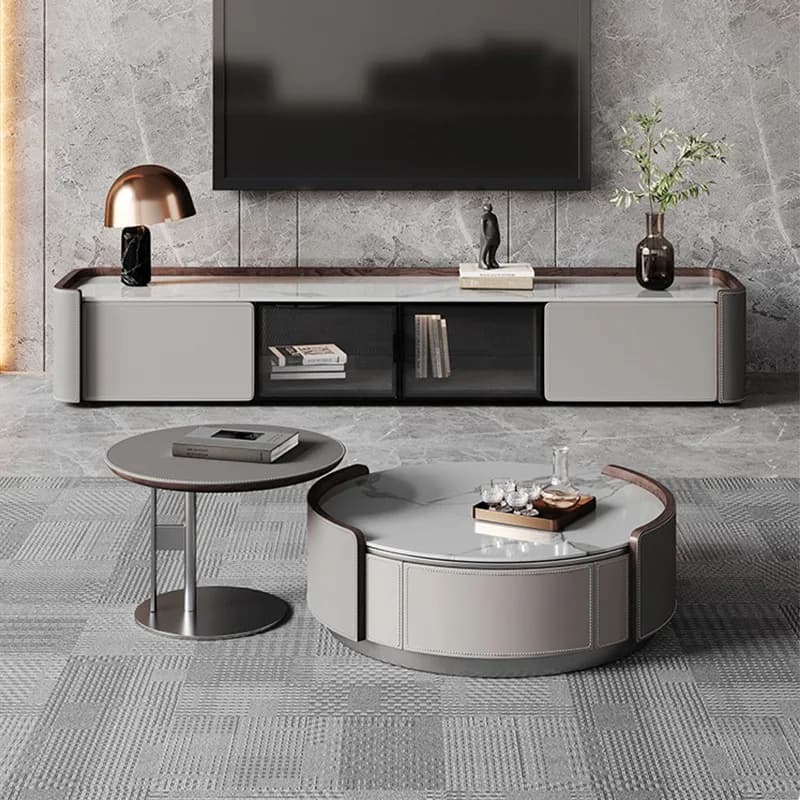 Ensemble de Table basse ronde moderne ZN 220, meuble TV minimaliste combiné avec fonction de rangeme