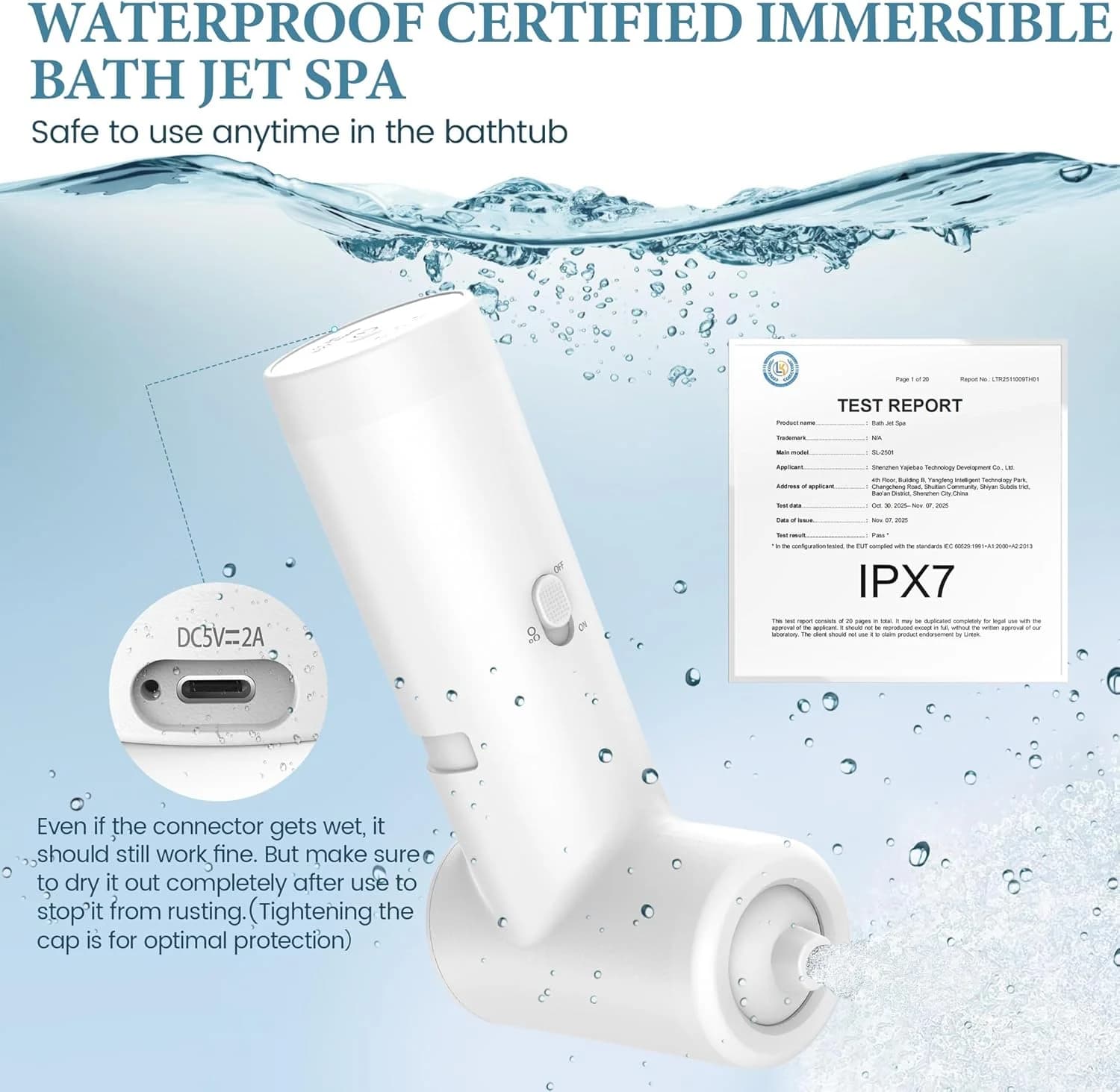Jet de bain spa sans fil rechargeable, accessoire de baignoire 2-en-1 bulles et massage, spa domesti