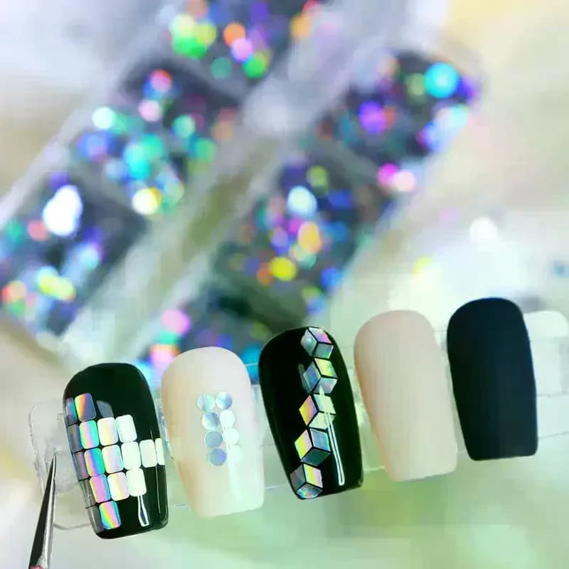 6 grilles pour amélioration des ongles, Laser, paillettes, Flash, motifs géométriques, décoration de