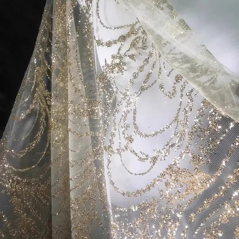 Tissu en dentelle de fil de filet bronzant blanc doré, 130cm de large, bricolage, coudre des vêtemen