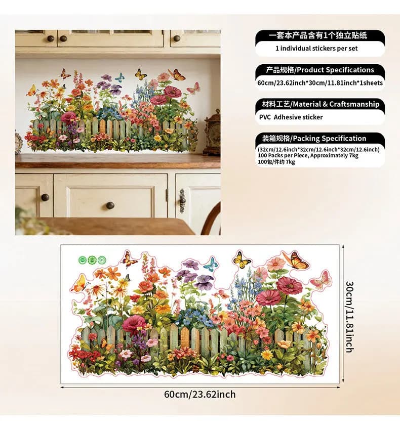 Autocollants muraux colorés en forme de clôture fleurie avec papillons, autocollants floraux amovibl