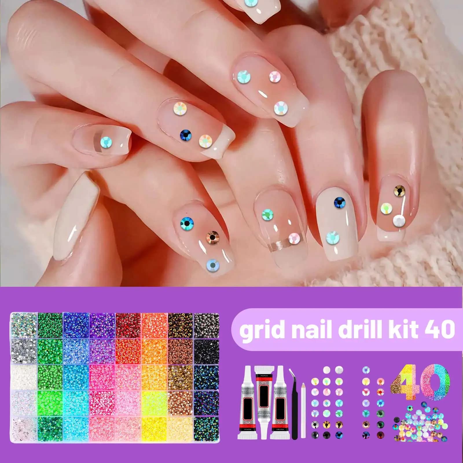 Kit de 40 grilles de strass pour nail art, décorations DIY multicolores, fournitures populaires pour