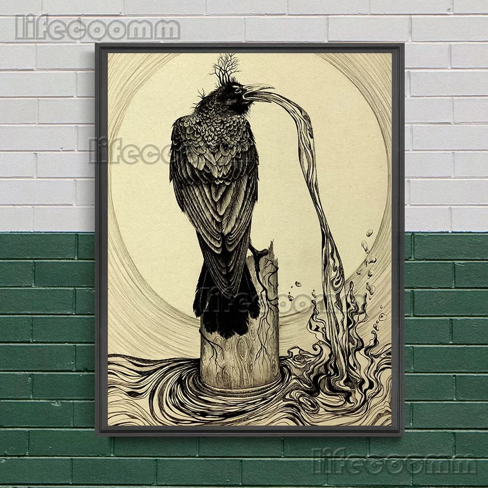 Toile d'art mural Vintage corbeau à racines au sol, peinture corbeaux avec Branches et fleurs, affic