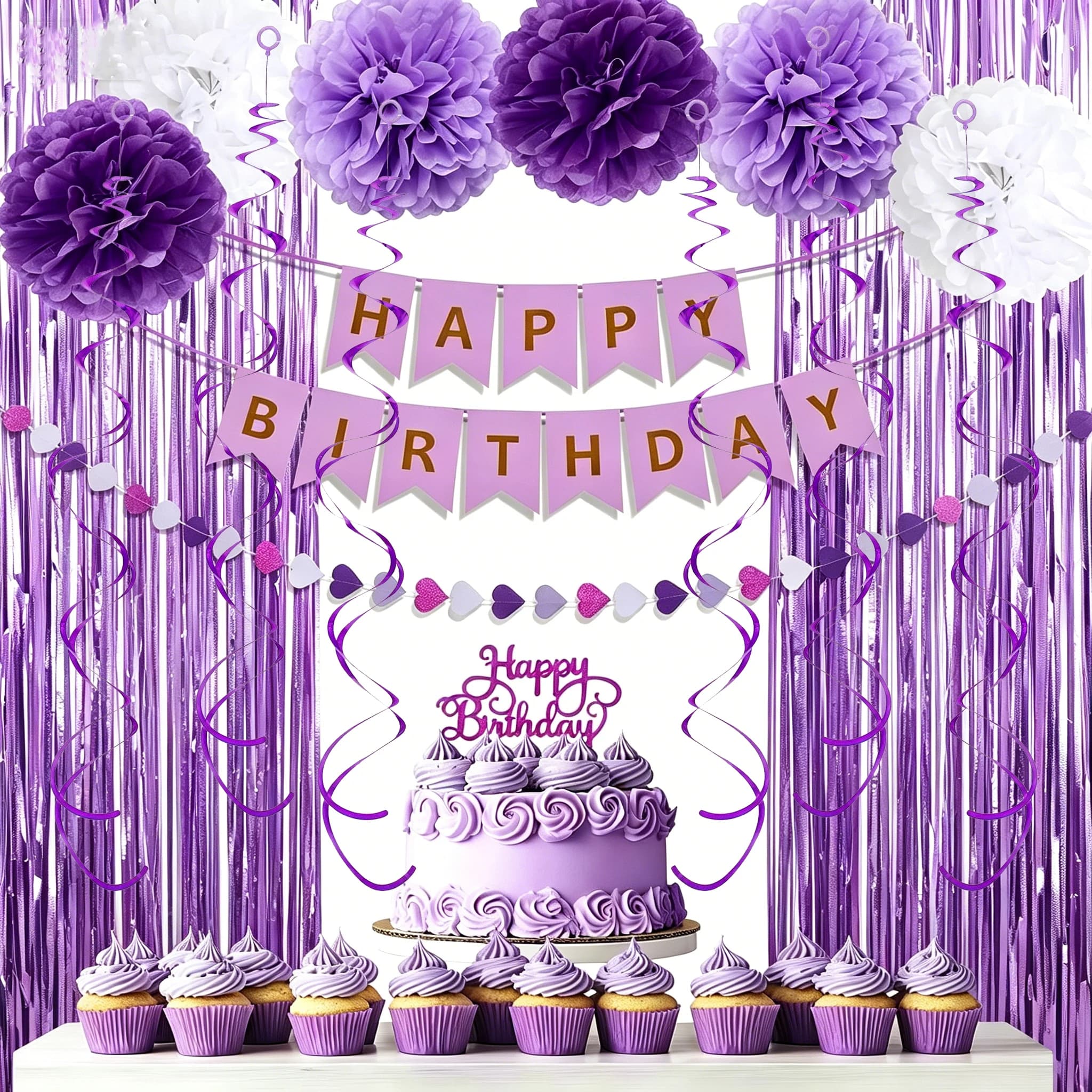 Ensemble de décoration d'anniversaire violet : bannière, ballons, rideaux à franges, pompons et guir