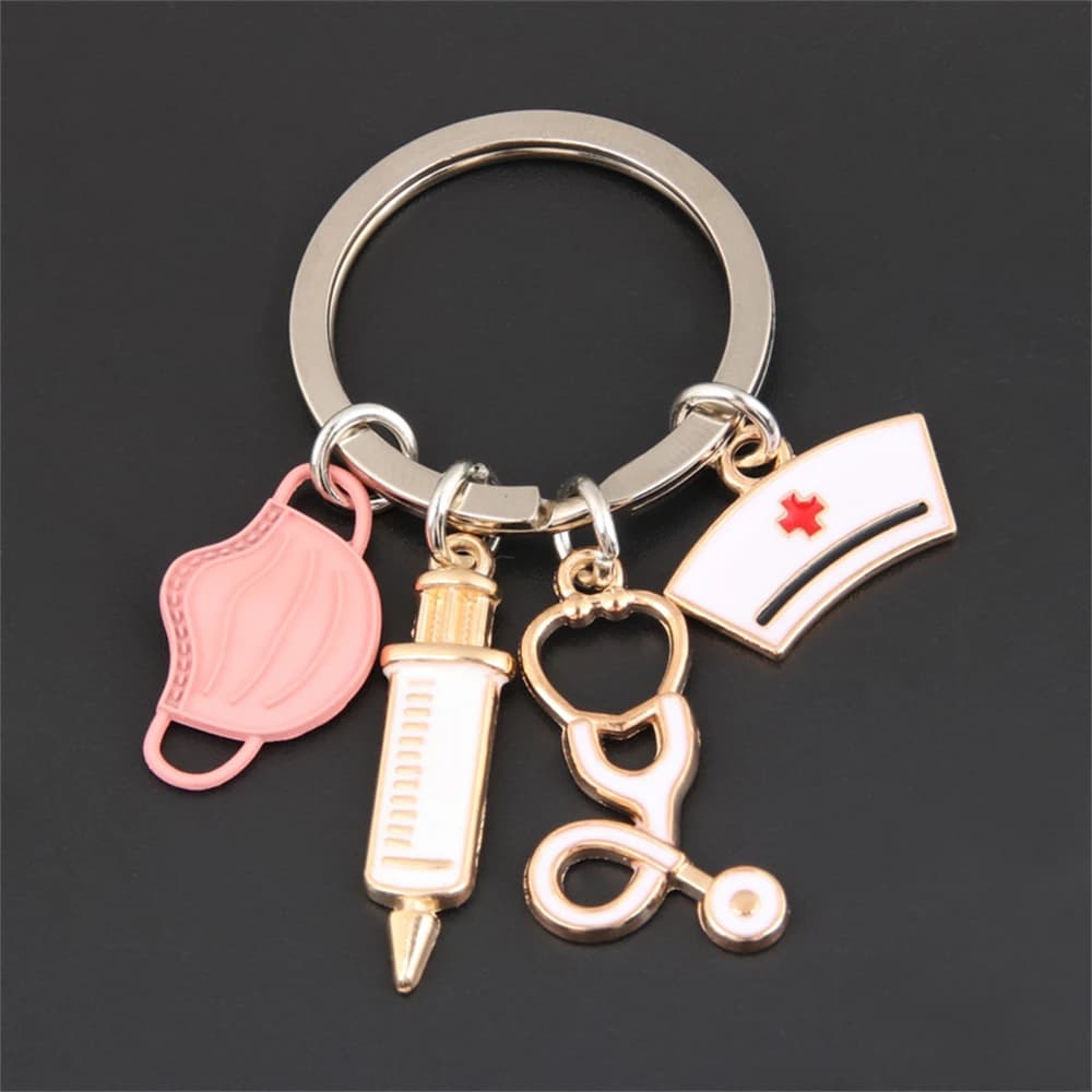 Porte-clés de la série médicale simple, seringue en métal, stéthoscope, masque, capuchon d'infirmièr