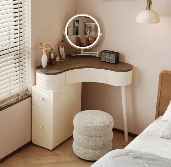 Coiffeuse d'angle 70 cm avec miroir et tabouret en bois, confortable et luxueuse, pour chambre à cou