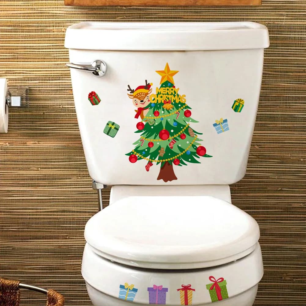 Autocollant Mural cadeau arbre de noël, salle de bains, Festival de dessin animé, décor de toilettes