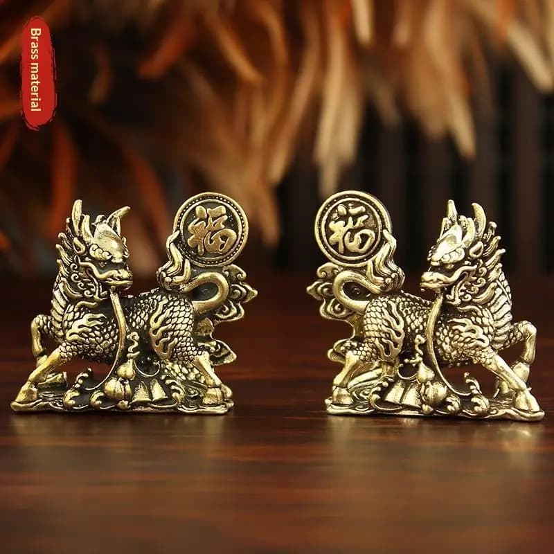 ♥ Statue Feng Shui Kirin - Figurine porte-bonheur Qilin en laiton avec pièce de monnaie « Fu » pour