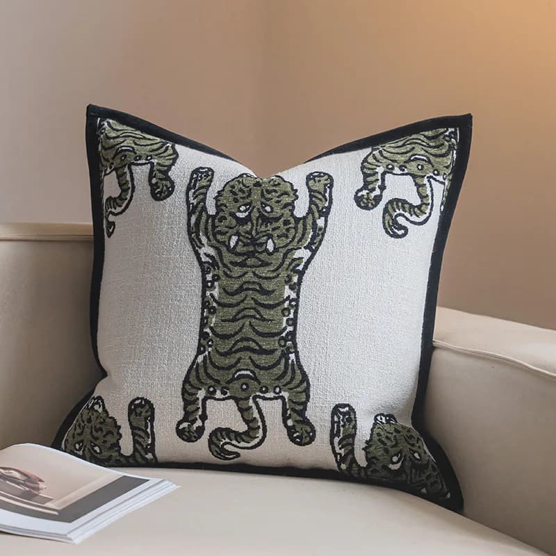 Housse de coussin de canapé de salon haut de gamme, verte, rétro, en chenille, motif tigre jacquard,