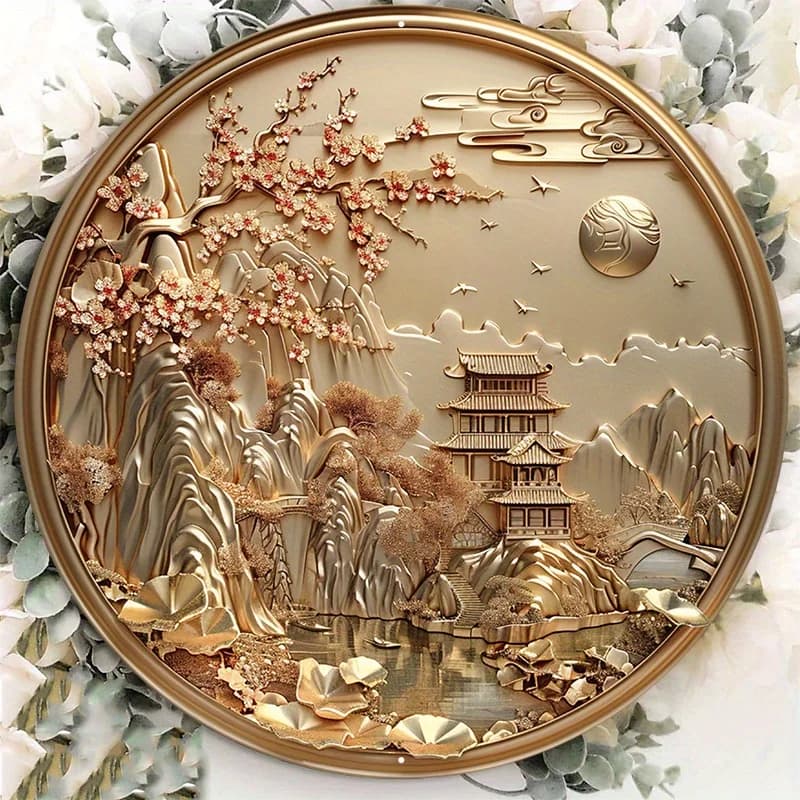 Panneau métallique décoratif en aluminium, Art mural avec scène d'inspiration asiatique, cintre de p