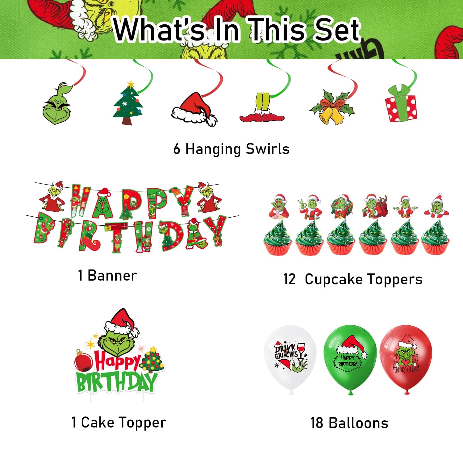 Décorations de fête d'anniversaire Grinch comprenant une bannière, un topper de gâteau, des spirales