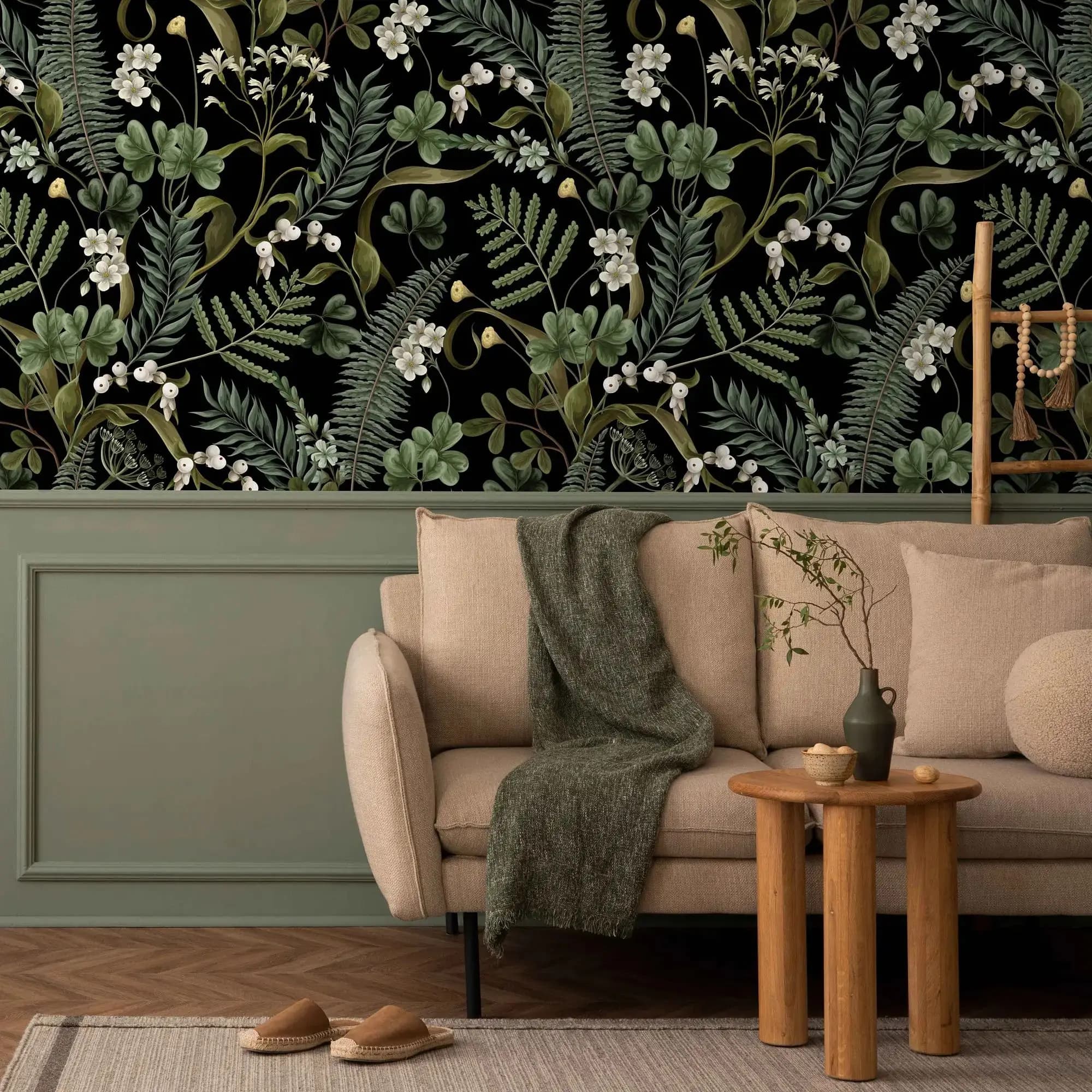 Papier peint botanique de fougère, papier peint botanique foncé pour la décoration intérieure, papie