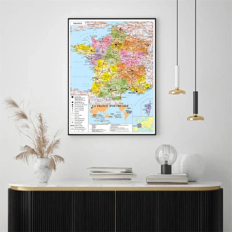 Affiche de carte de la circulation de la langue française de France, grand décor mural artistique A2