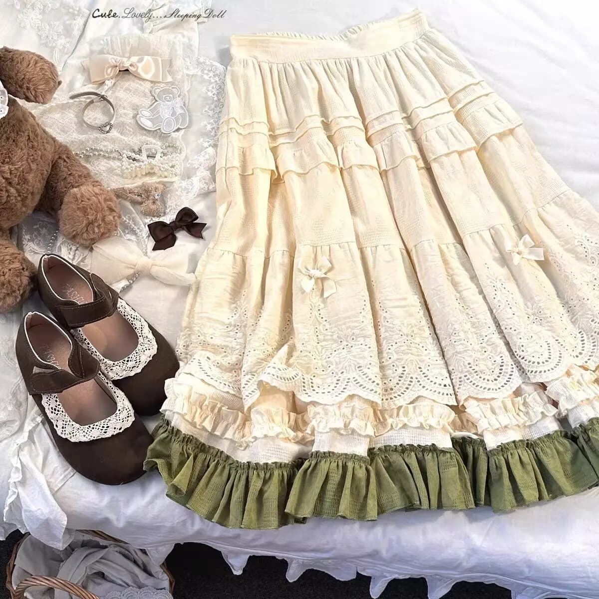 Lolita – jupe mi-longue en dentelle brodée pour femmes, Vintage, avec nœud Floral, à volants, longue
