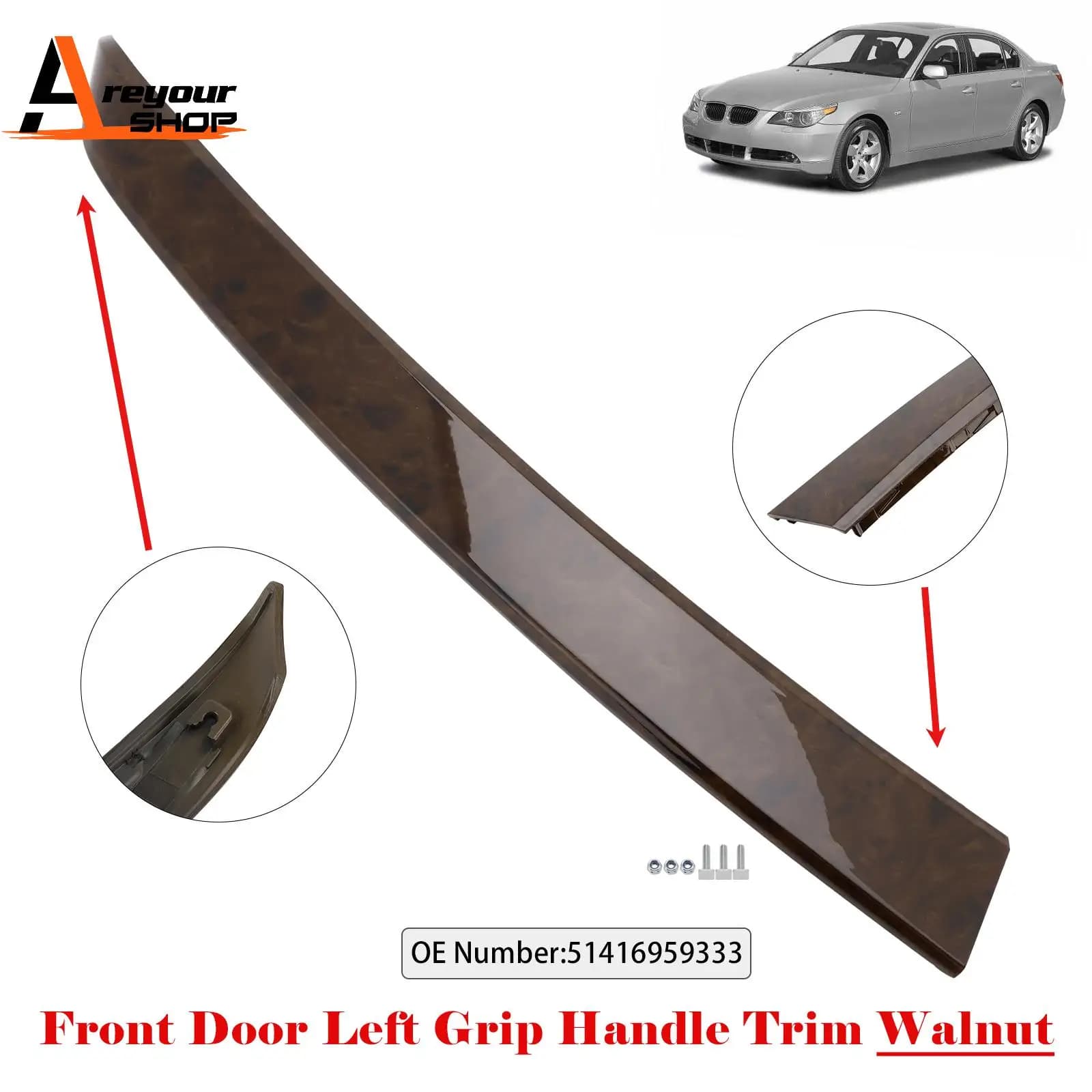Areyourshop poignée de porte avant gauche garniture en noyer convient pour BMW série 5 E60 E61 2004