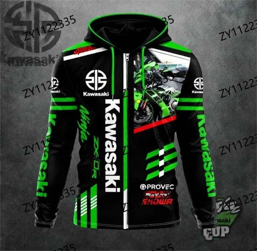 Sweat à capuche à thème moto Kawasaki avec fermeture éclair, imprimé tendance, mode décontractée pou