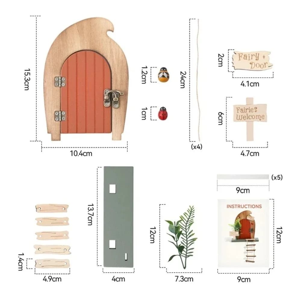 Ornements de porte de fée en bois de dessin animé avec échelle, porte de fée amovible, décoration mi