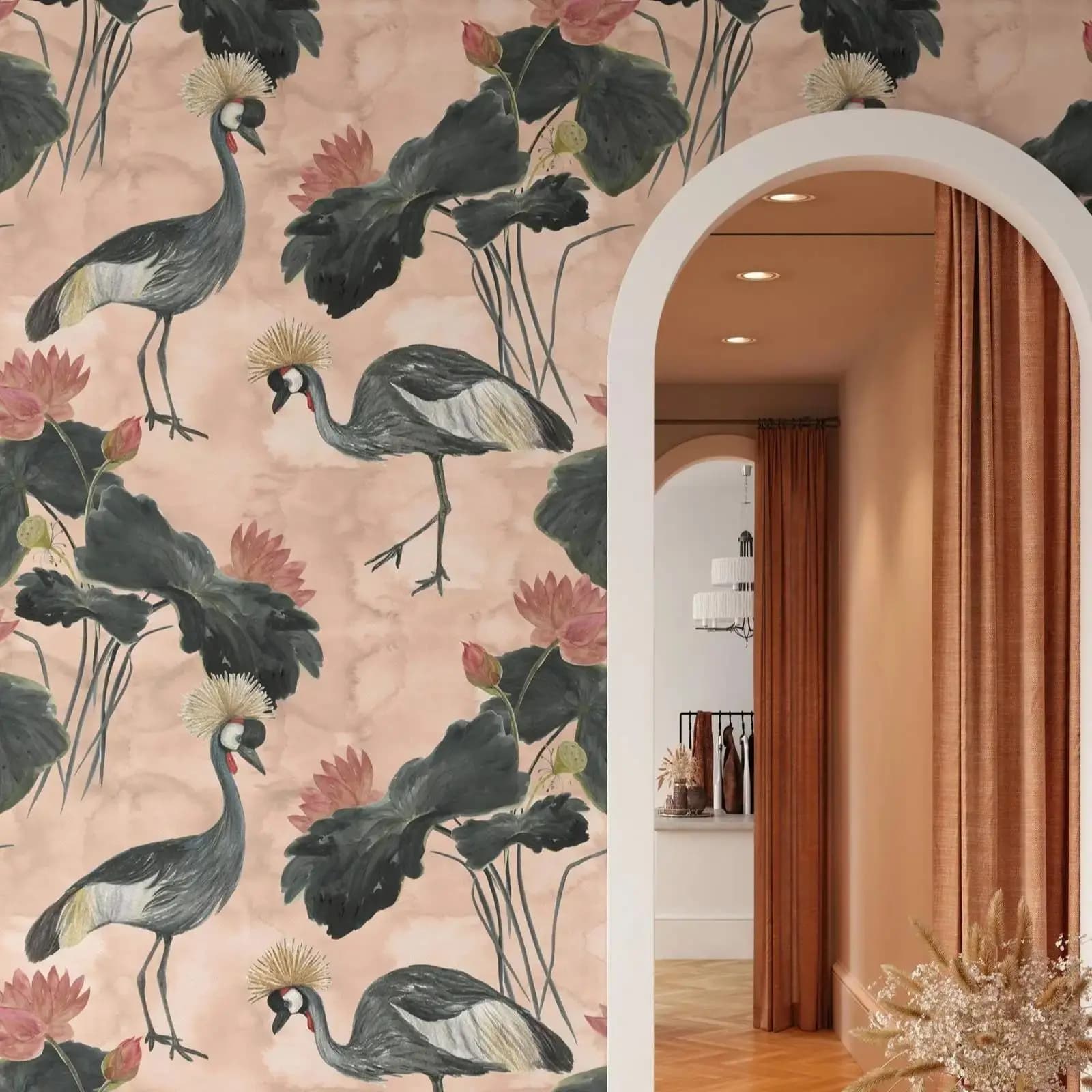 Papier peint héron d'interconnexion coloré, papier peint grand oiseau noir peler et coller, fond ros