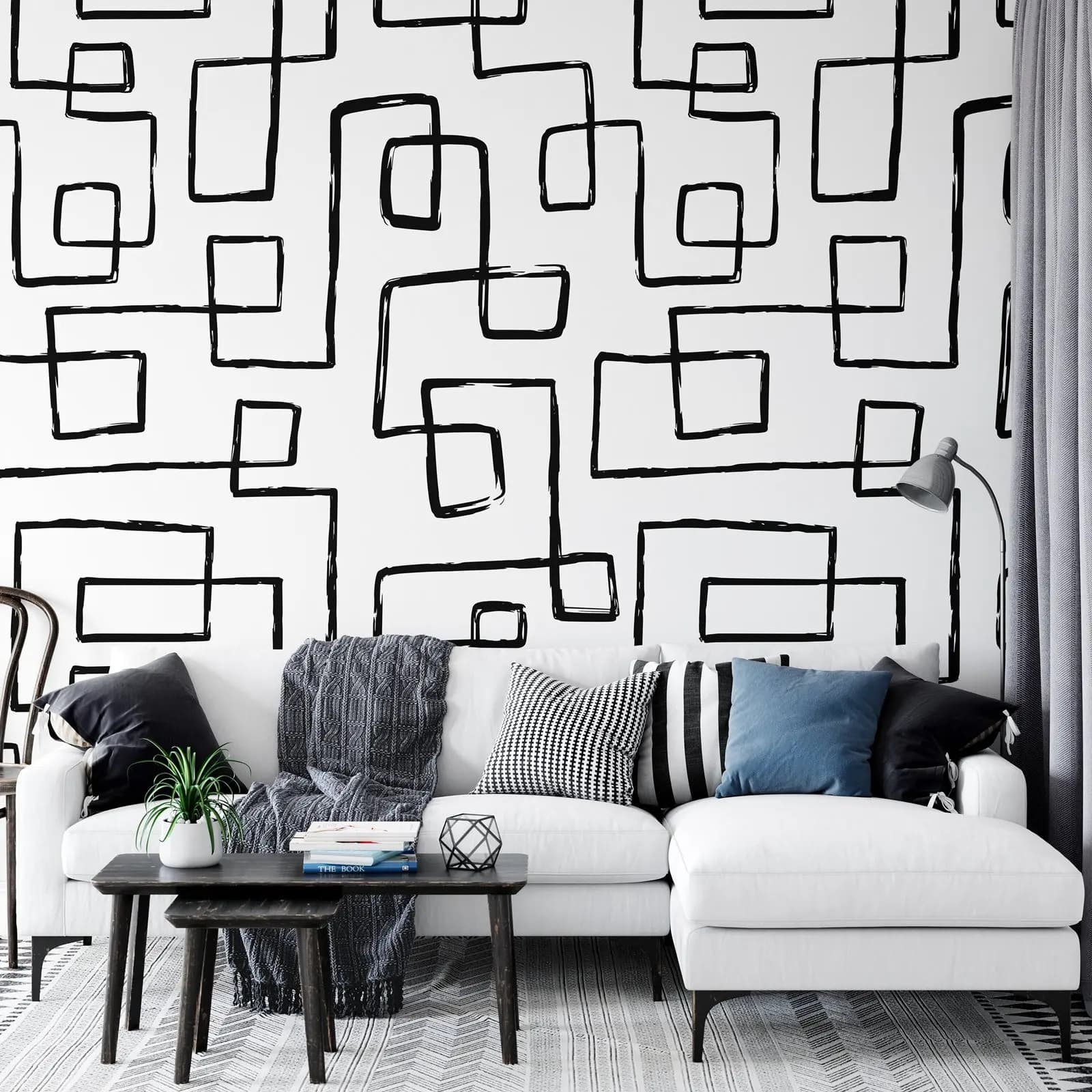 Papier peint auto-adhésif ligne abstraite noire, murale de style Boho décollable et collé, noir et b