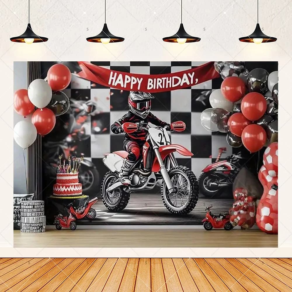 Décor de fête d'anniversaire sur le thème de la moto tout-terrain, toile de fond pour motards Fo
