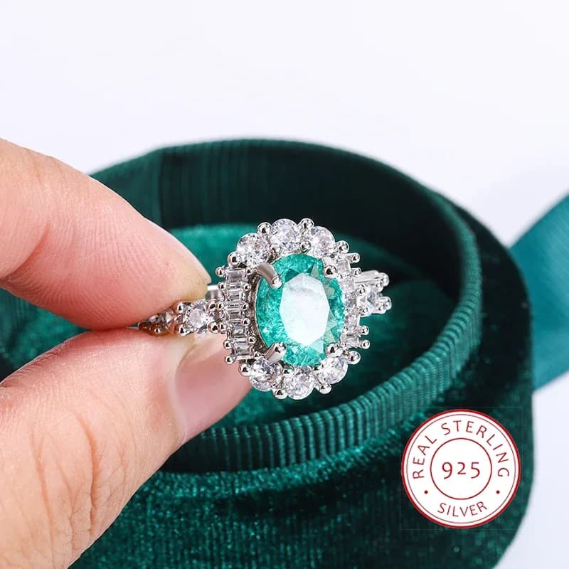 Bague plaquée argent 925 pour femmes, diamant vert Paraiba à haute teneur en carbone, Double cristal