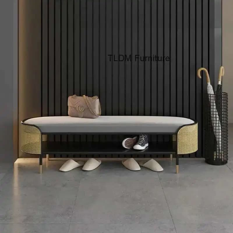 Pouf moderne Simple pour Hall d'entrée, Long creux avec coussin, tabourets légers de luxe en métal,