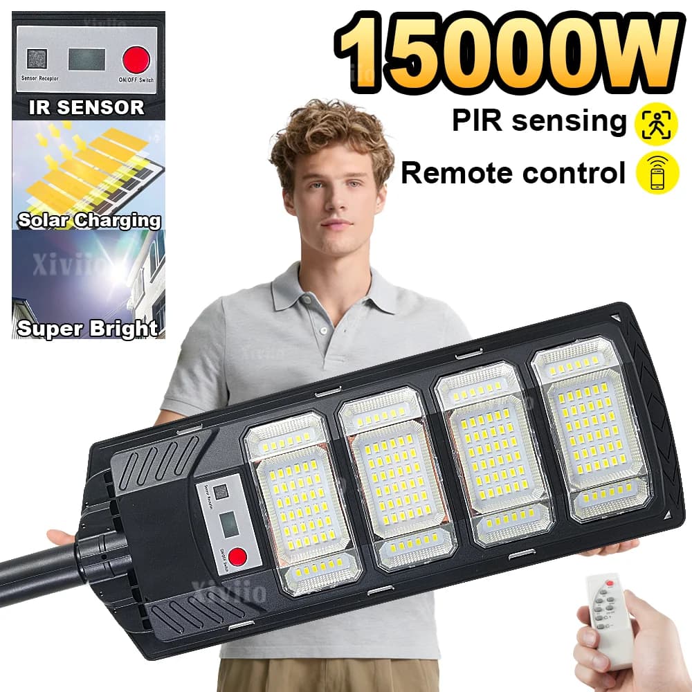 Lampe solaire extérieure 15000W Ultra puissante Lampe solaire de rue 320 ° Lampe de jardin à capte