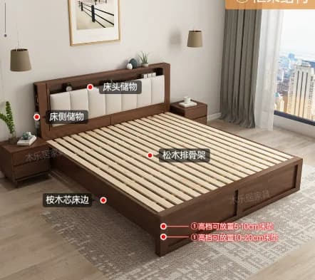 Lit double moderne nordique en bois massif avec rangement, taille King/Queen, pour chambre à coucher