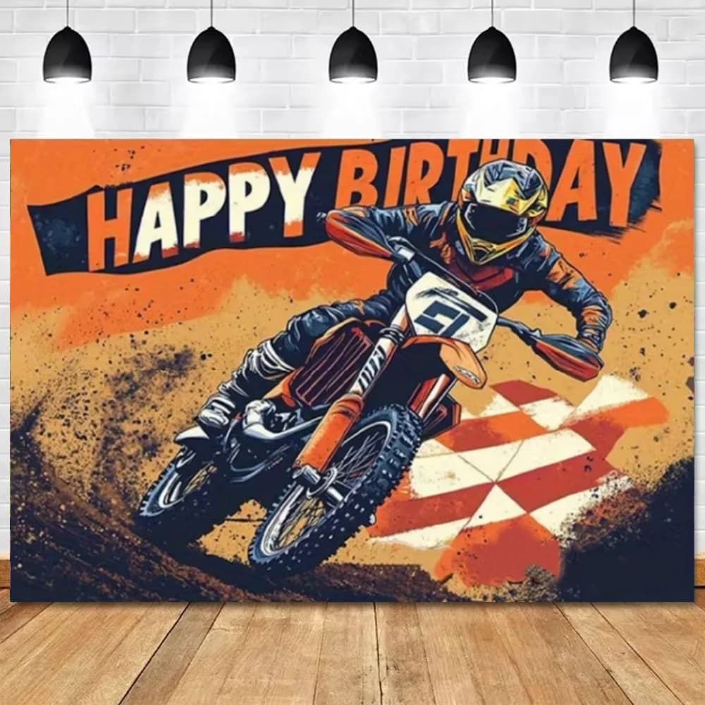 Décorations de fête d'anniversaire sur le thème de la moto, fond de scène avec motard tout-terrain 
