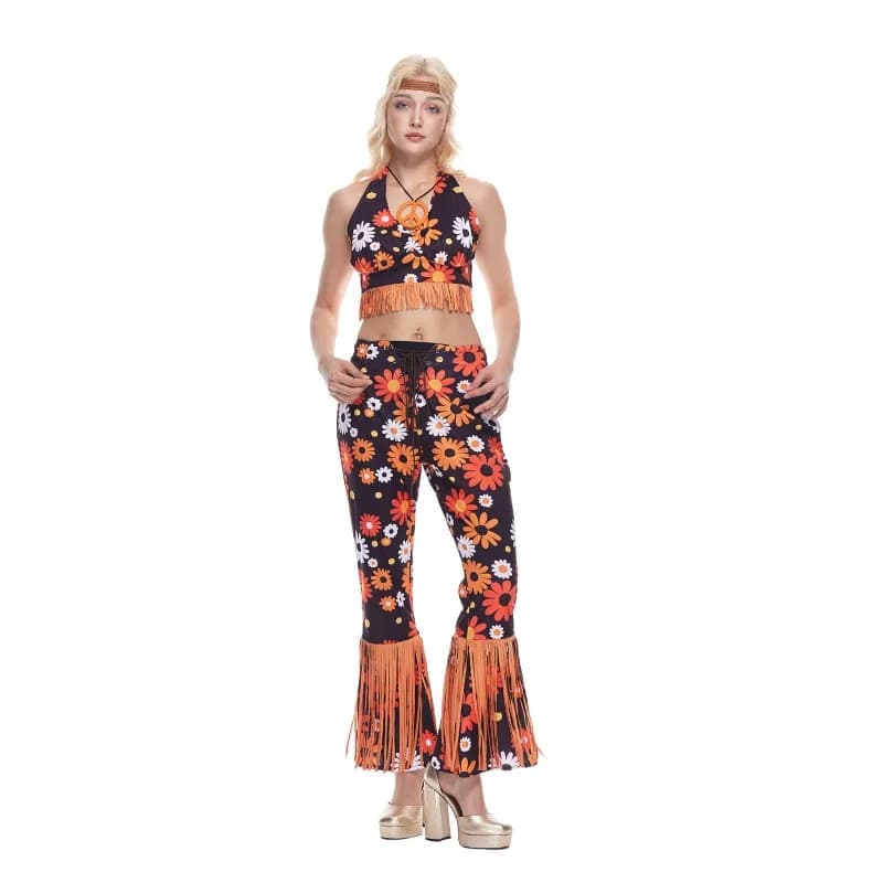 Costume hippie des années 70 pour femme – Bas de cloche rétro Flower Power et haut à franges avec ba